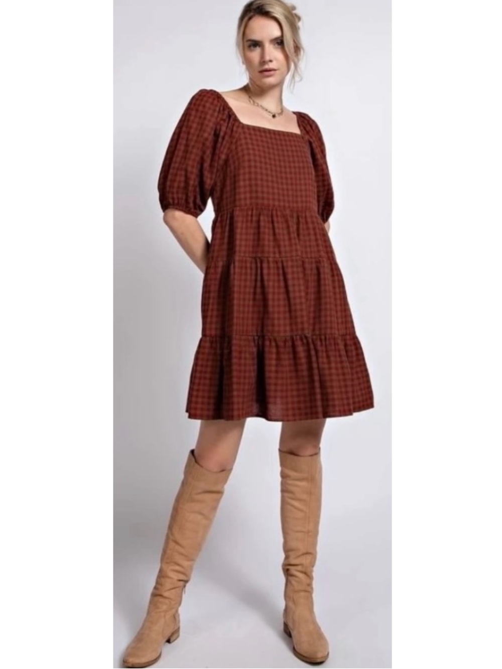 Easel Gingham Babydoll Cotton Mini Dress New Medium
